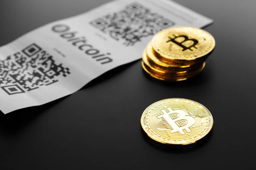 Bitcoin coins on table
