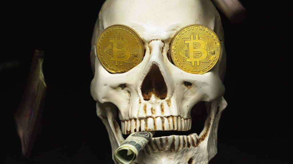 2 Bitcoin coins on skull eye sockets for fear and greed index concept