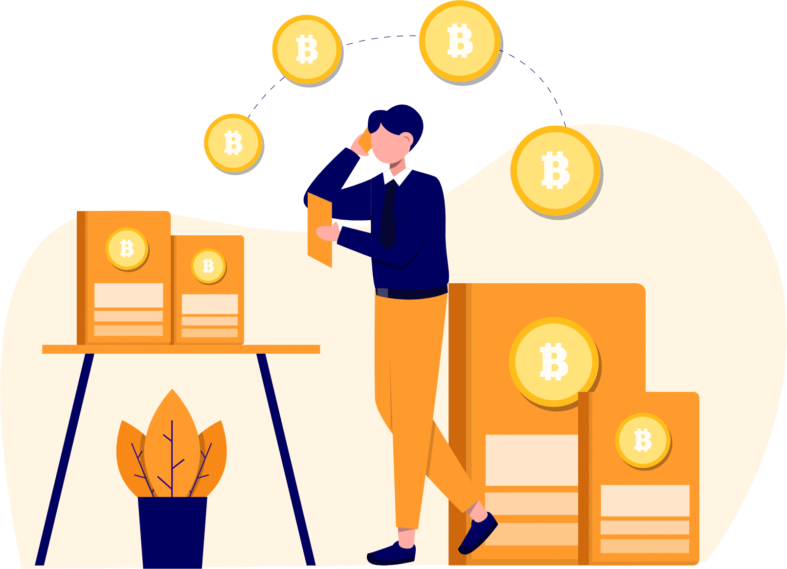 Graphic illustration of man on cellphone asking questions about Bitcoin and other cryptocurrencies. 3 Crypto documents enlarged beside him.