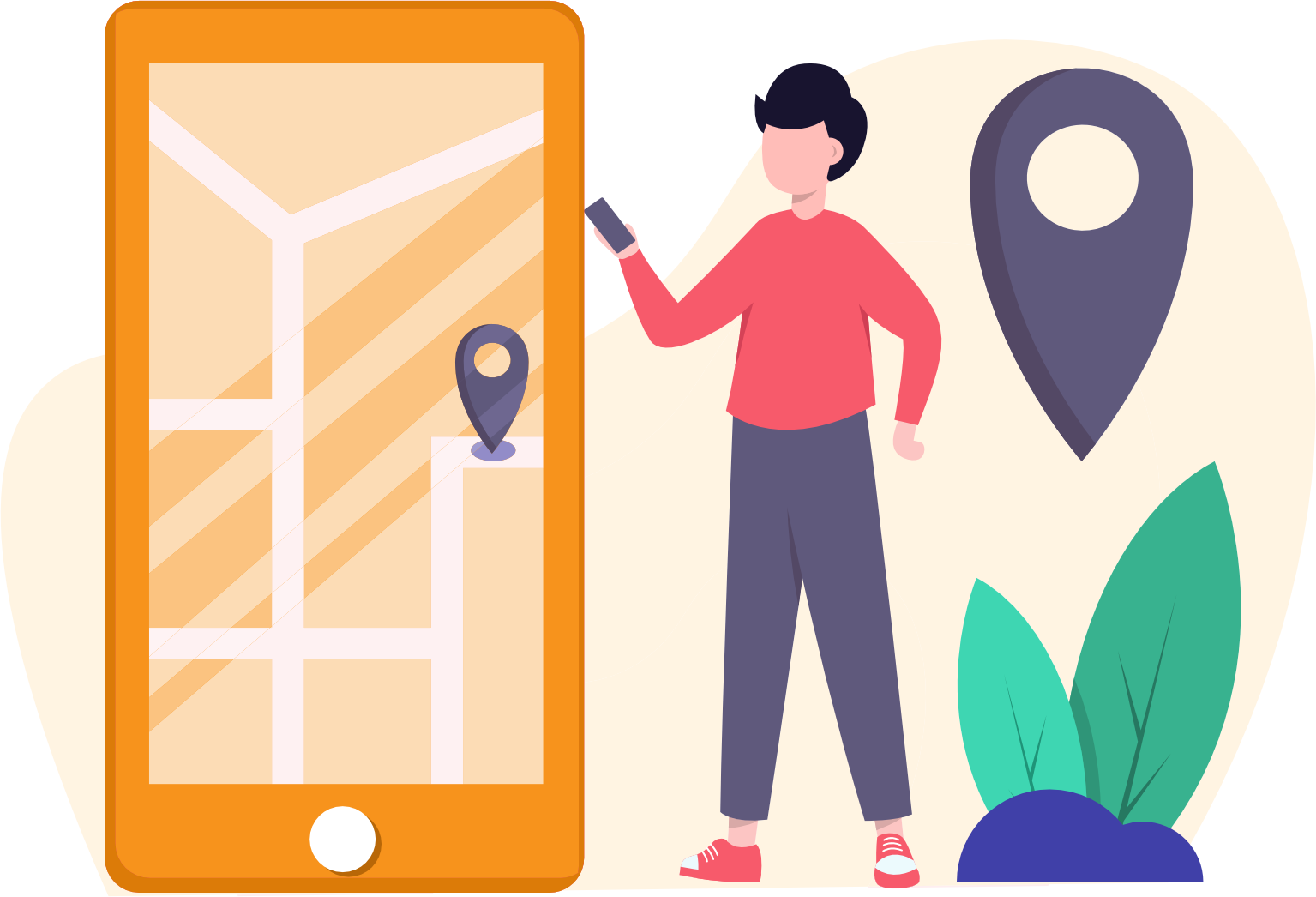 Graphic illustration of woman holding smart phone with an enlarged phone beside her pinpointing street location.