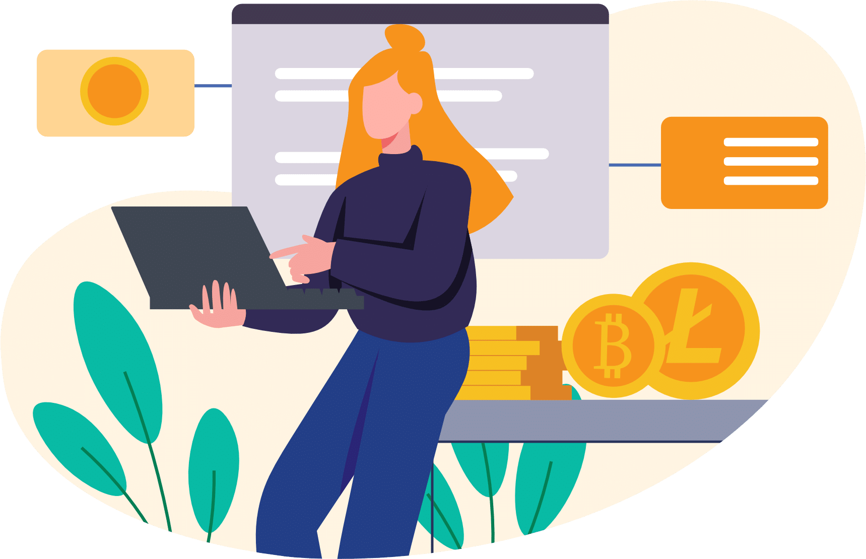 Illustration of woman on computer with dashboard screens and bitcoin and litecoin coins on desk