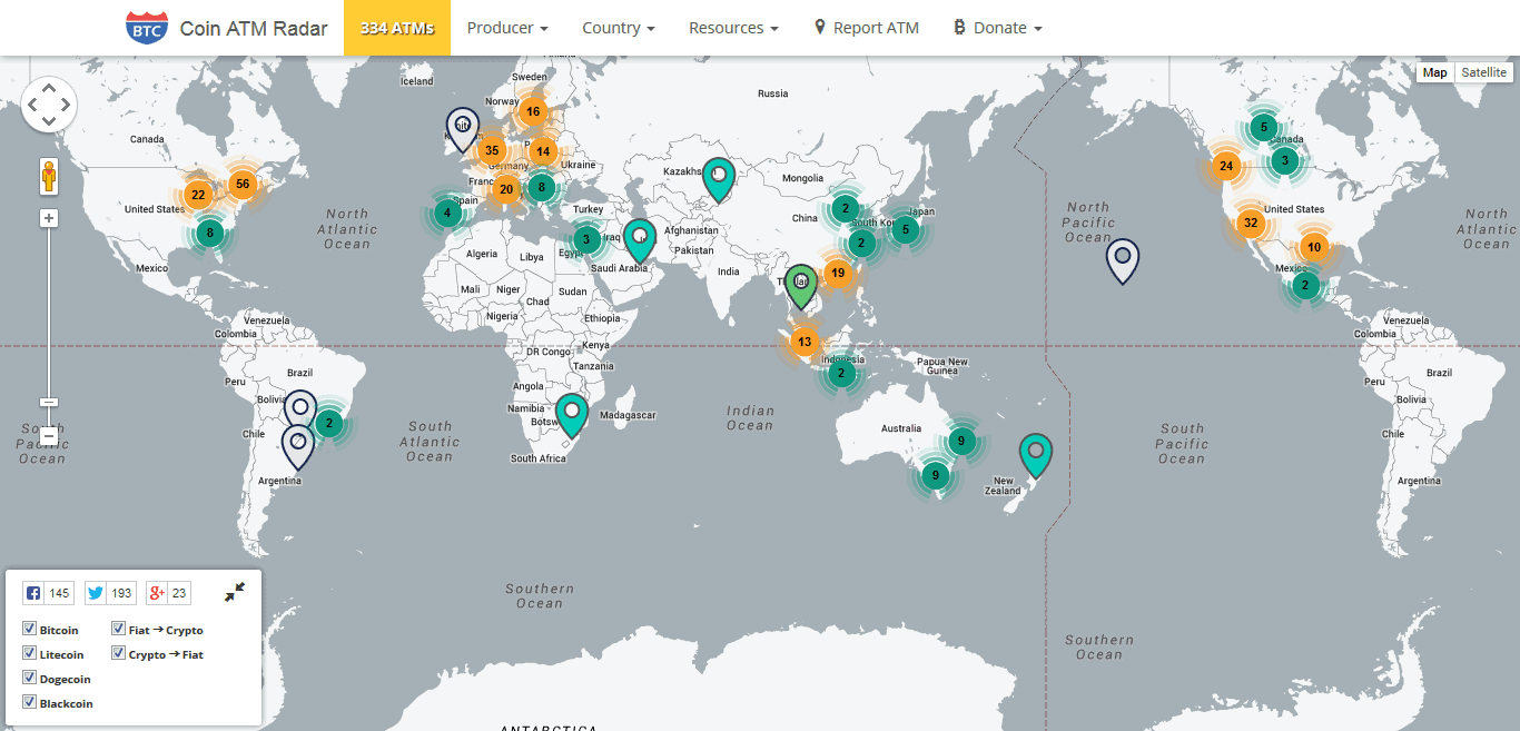 Map of Bitcoin ATMs