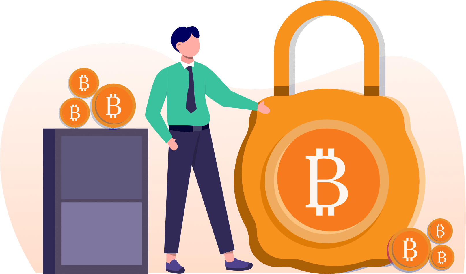 Illustration of man standing next to lock. Concept of secure crypto transactions